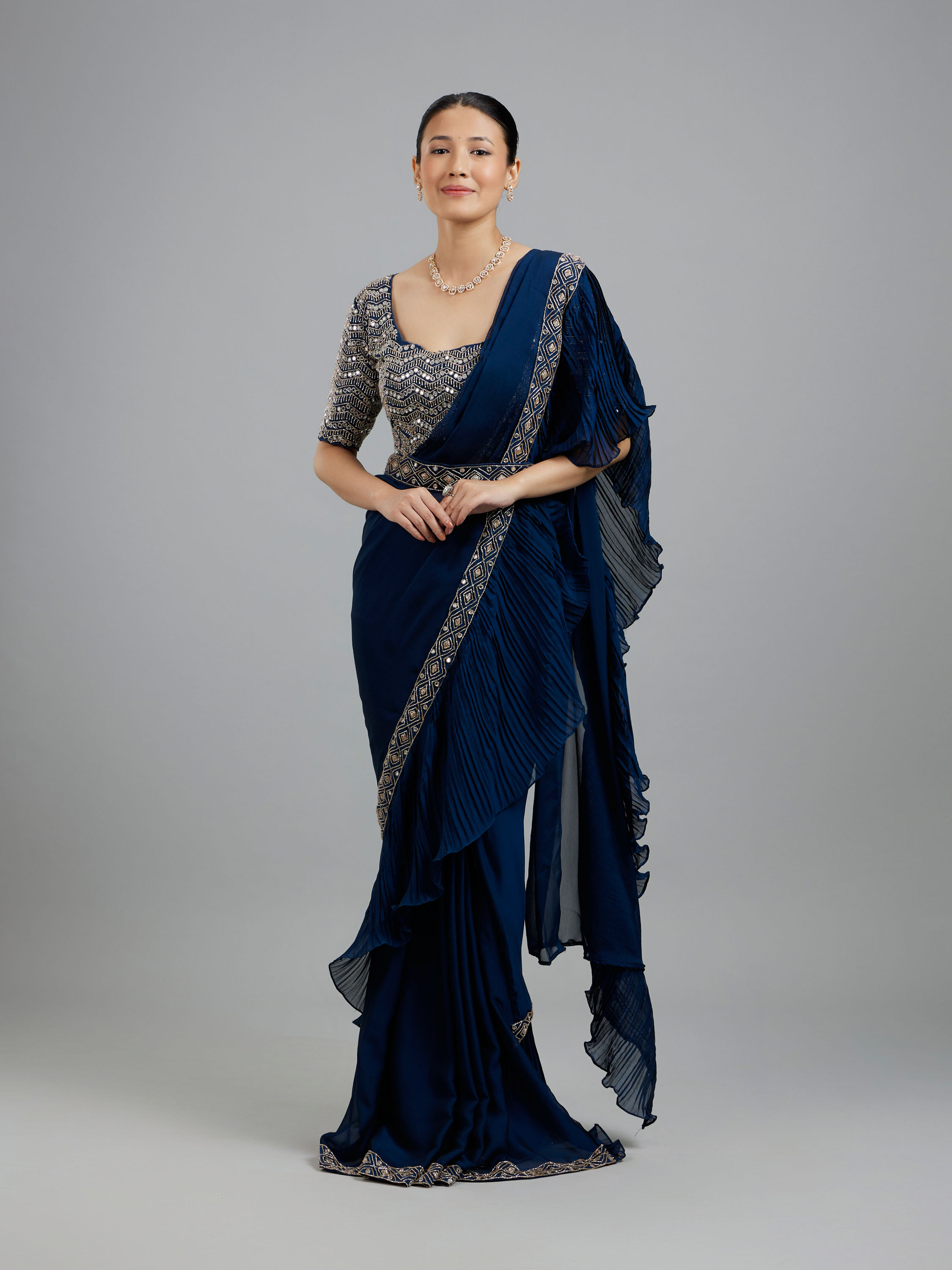 Mohey Women Indigo Blue Radiance Pre Draped Saree