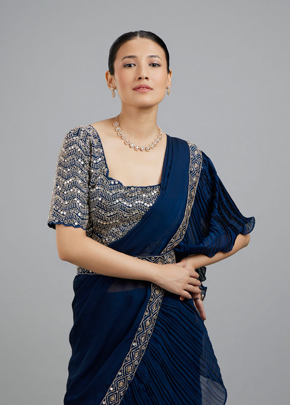 Mohey Women Indigo Blue Radiance Pre Draped Saree