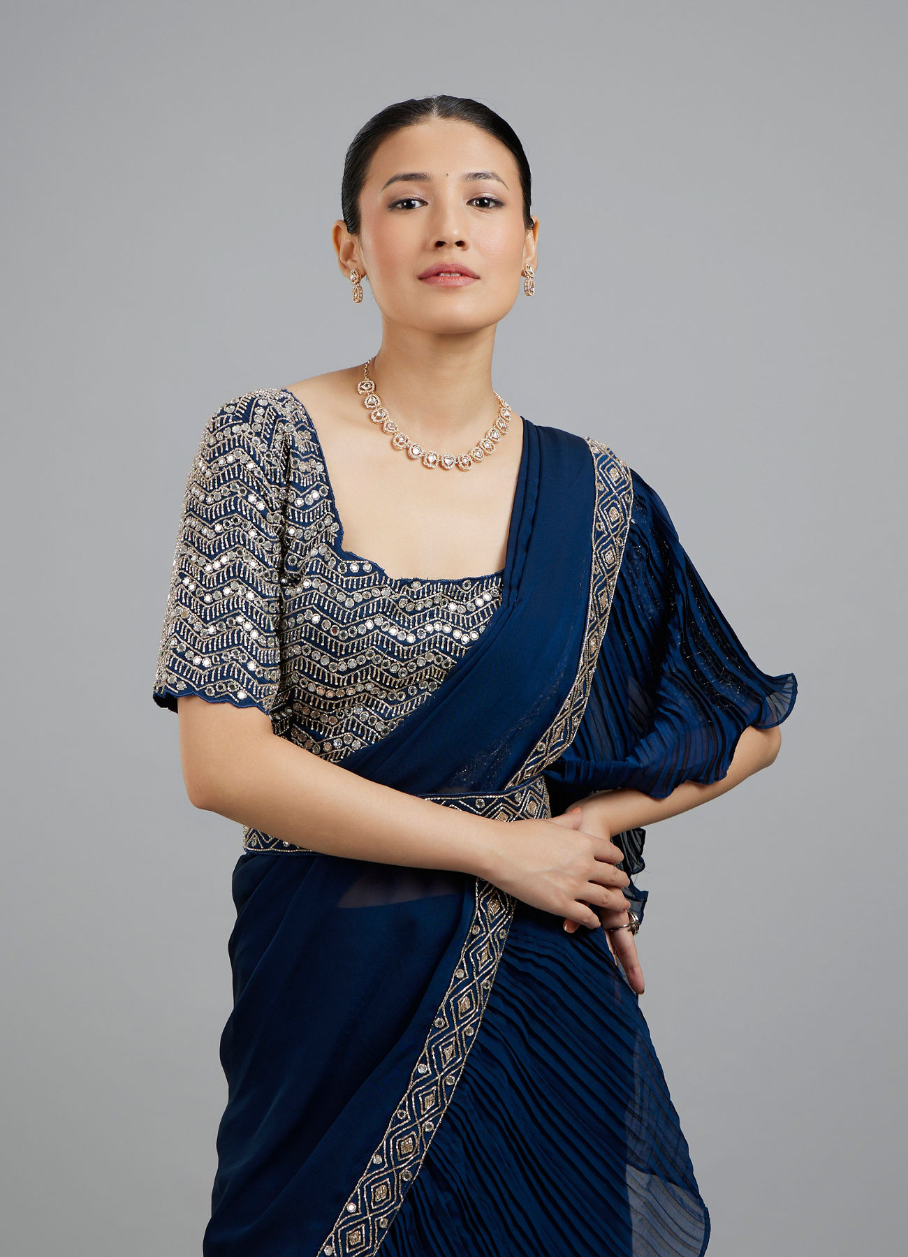 Mohey Women Indigo Blue Radiance Pre Draped Saree