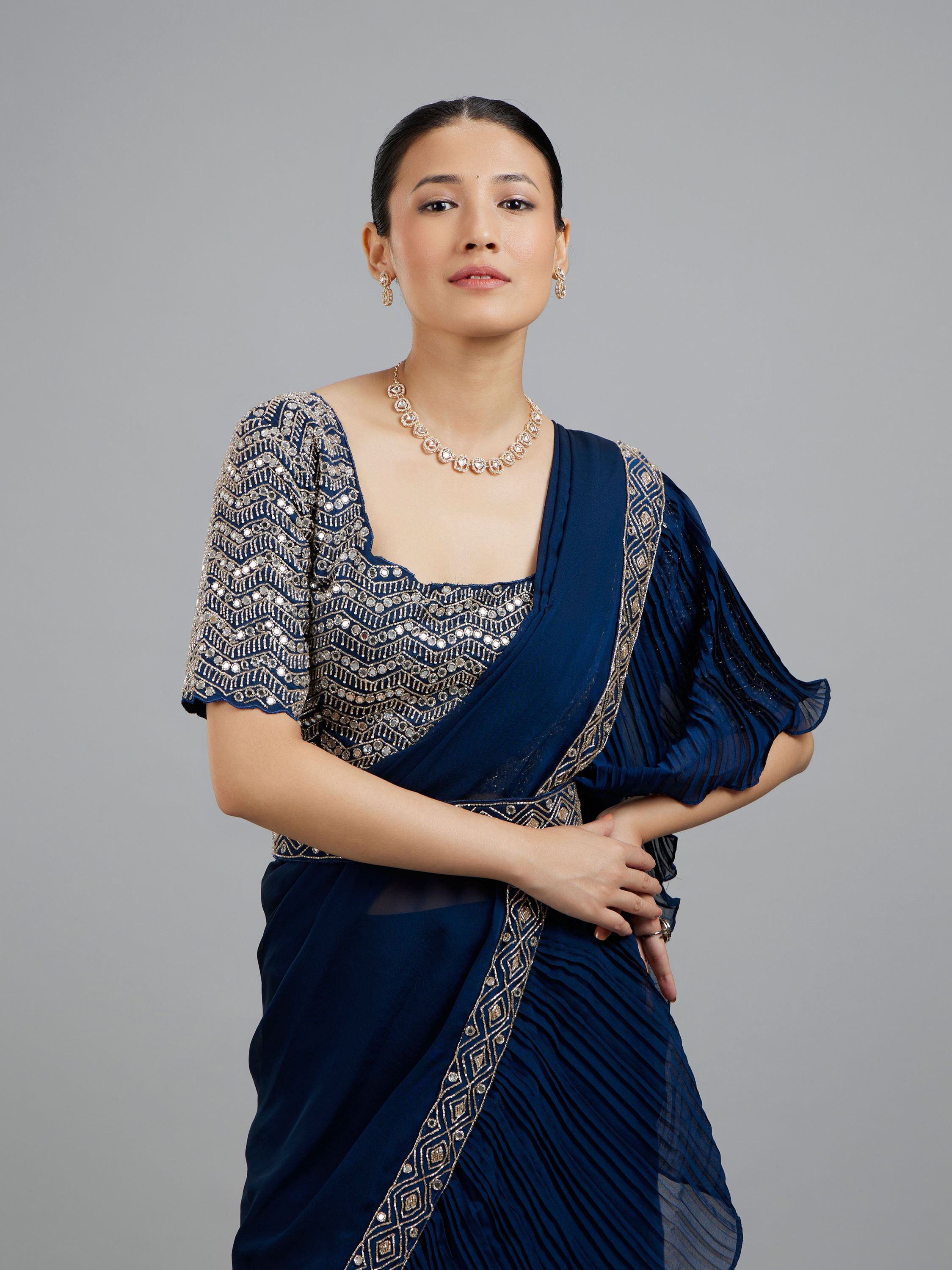 Mohey Women Indigo Blue Radiance Pre Draped Saree