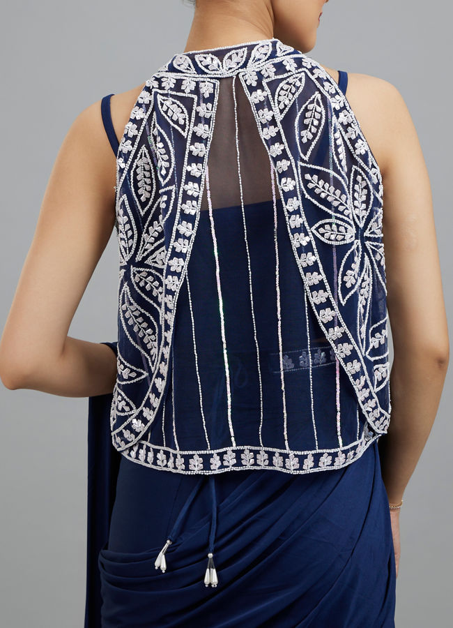 Mohey Women Ethereal Indigo Blue Pre Draped Saree