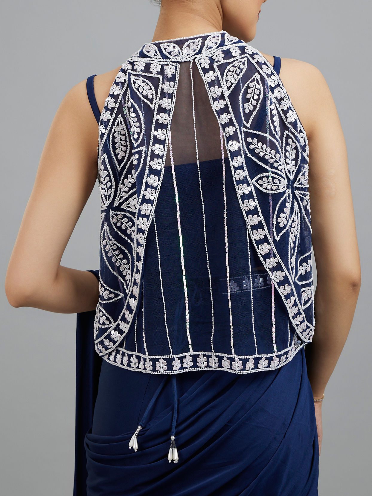 Mohey Women Ethereal Indigo Blue Pre Draped Saree