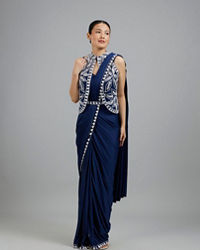 Mohey Women Ethereal Indigo Blue Pre Draped Saree