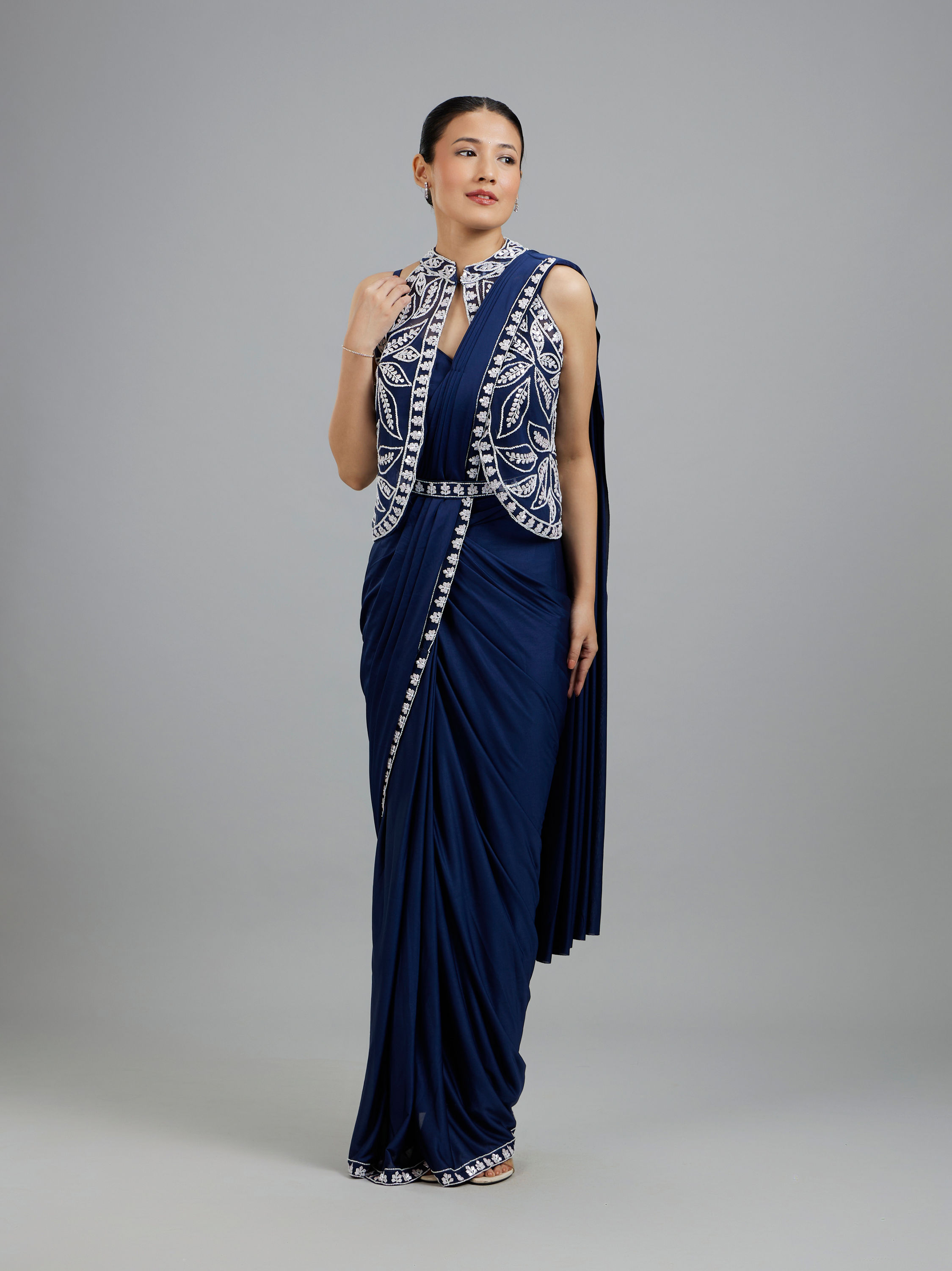 Mohey Women Ethereal Indigo Blue Pre Draped Saree