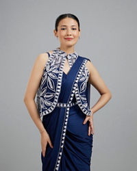 Mohey Women Ethereal Indigo Blue Pre Draped Saree