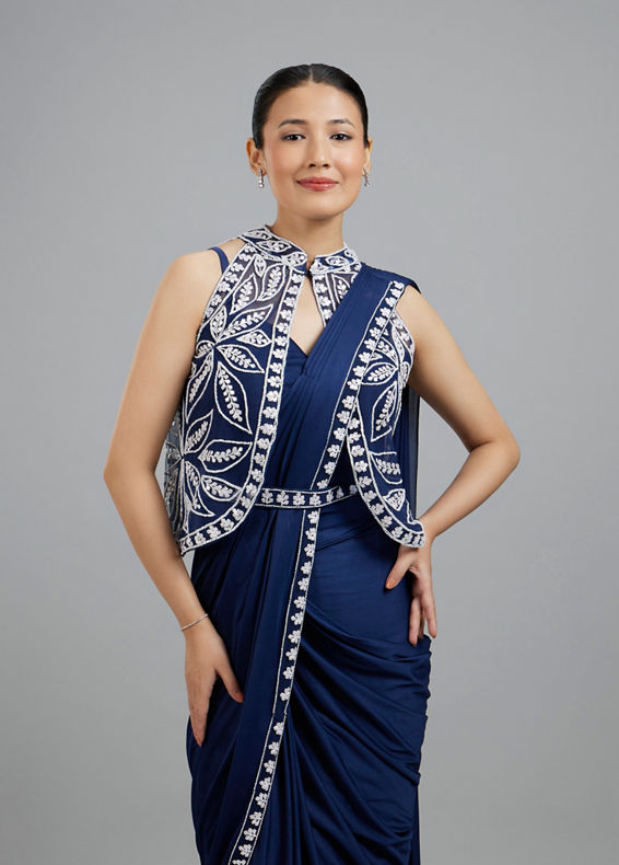 Mohey Women Ethereal Indigo Blue Pre Draped Saree