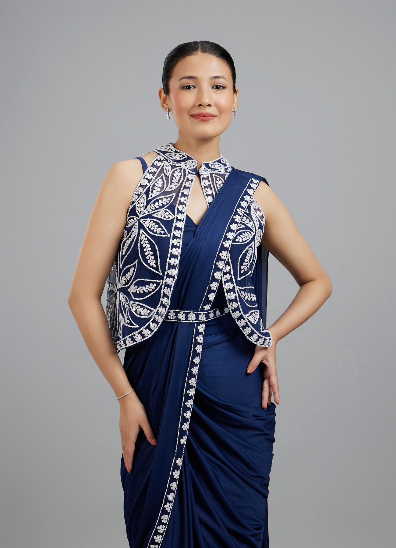 Mohey Women Ethereal Indigo Blue Pre Draped Saree