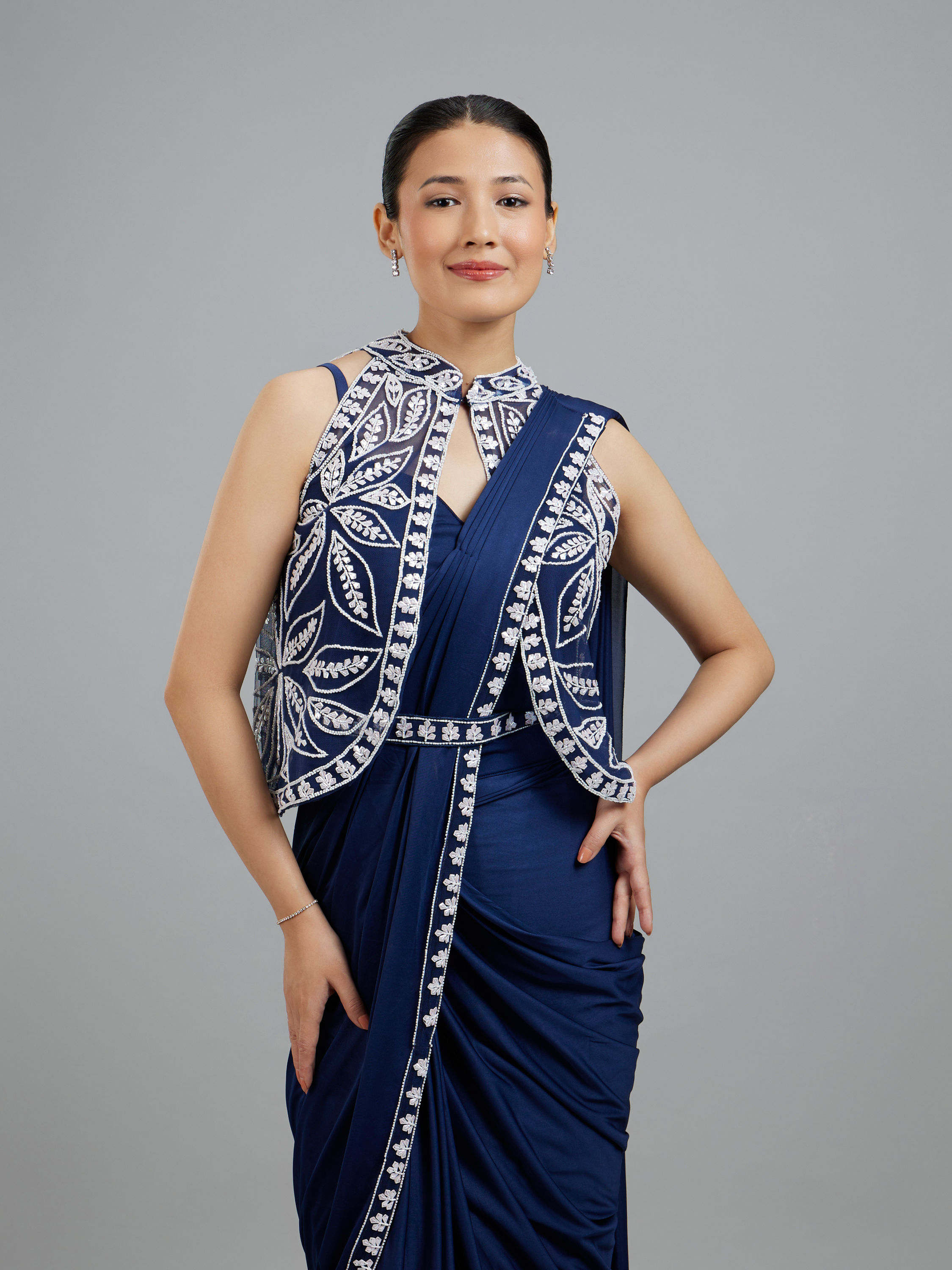 Mohey Women Ethereal Indigo Blue Pre Draped Saree