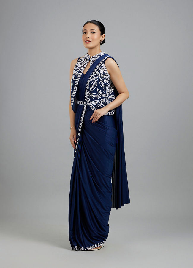Mohey Women Ethereal Indigo Blue Pre Draped Saree