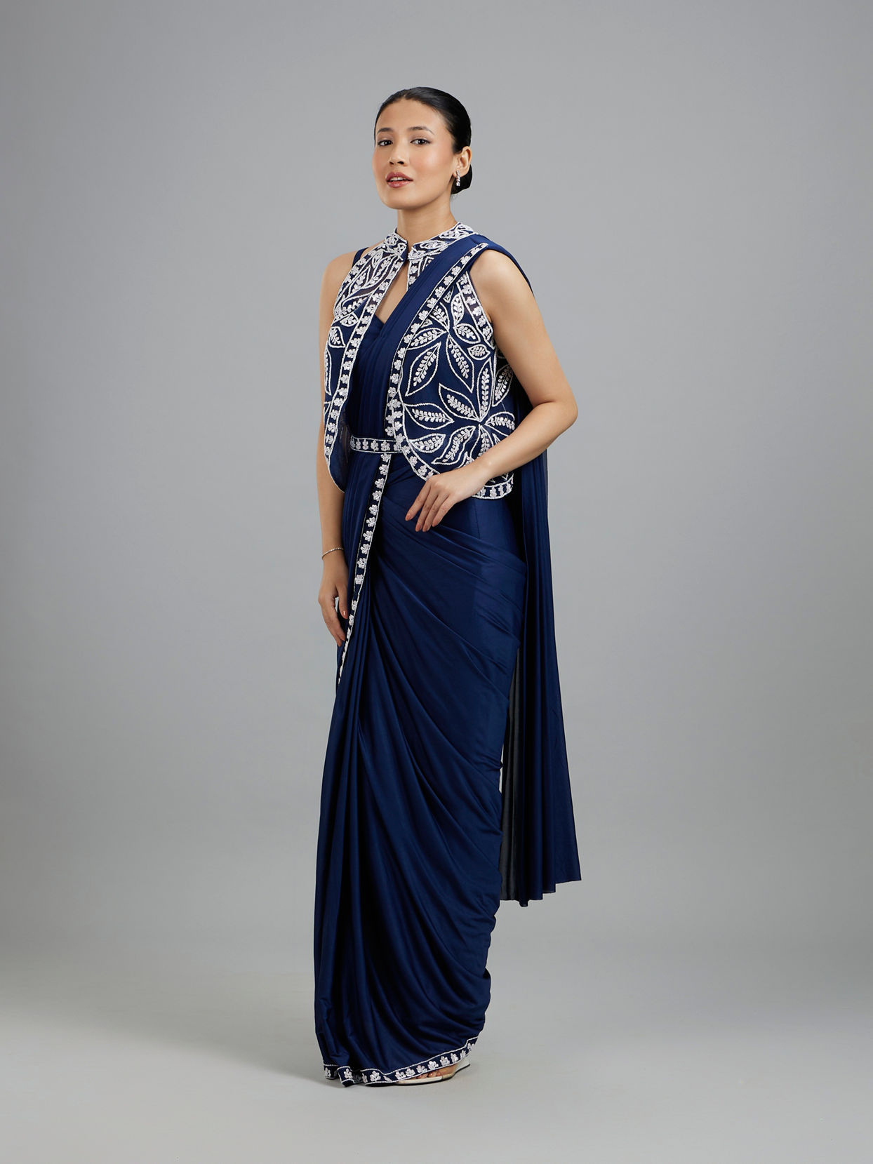 Mohey Women Ethereal Indigo Blue Pre Draped Saree