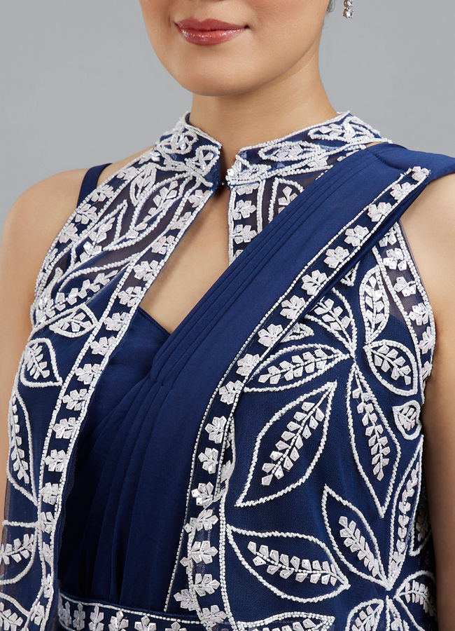 Mohey Women Ethereal Indigo Blue Pre Draped Saree
