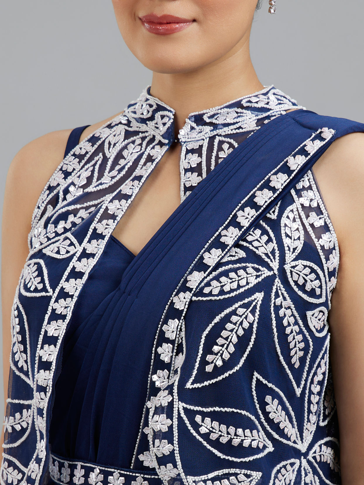 Mohey Women Ethereal Indigo Blue Pre Draped Saree