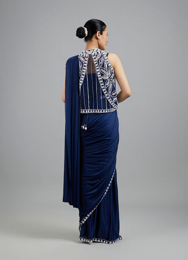Mohey Women Ethereal Indigo Blue Pre Draped Saree