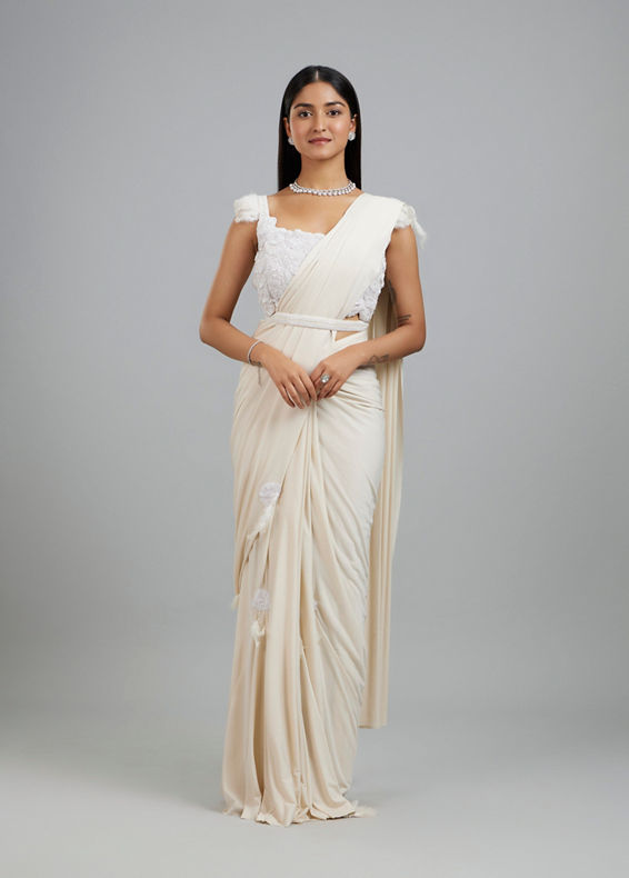 Mohey Women Exquisite Cream Pre Draped Saree