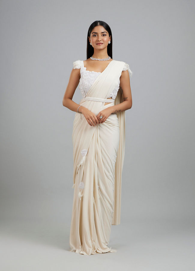 Mohey Women Exquisite Cream Pre Draped Saree