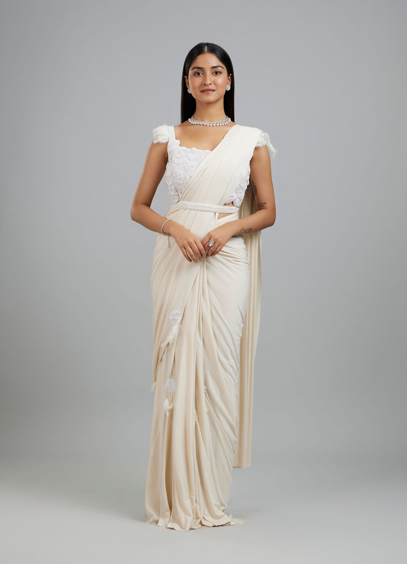 Mohey Women Exquisite Cream Pre Draped Saree