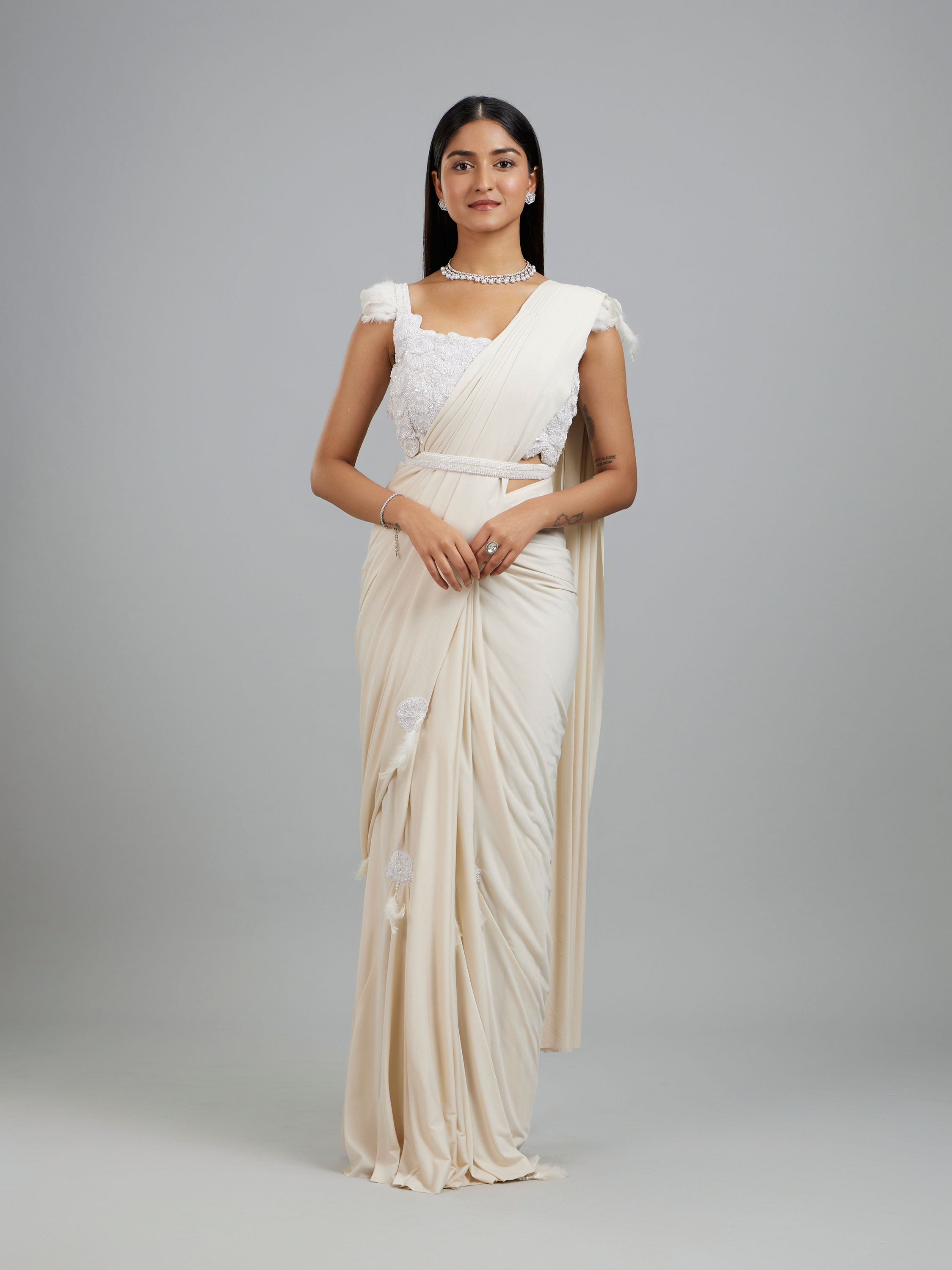 Mohey Women Exquisite Cream Pre Draped Saree