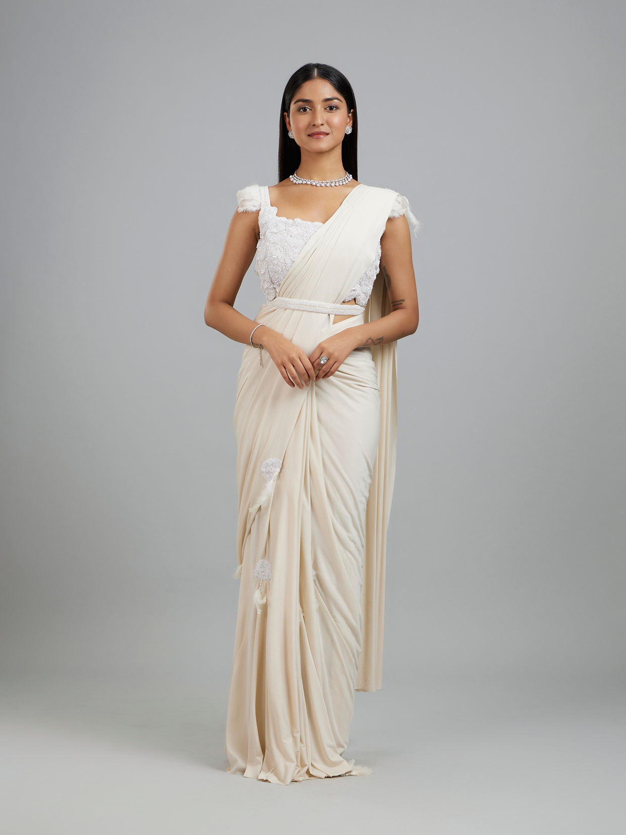 Mohey Women Exquisite Cream Pre Draped Saree