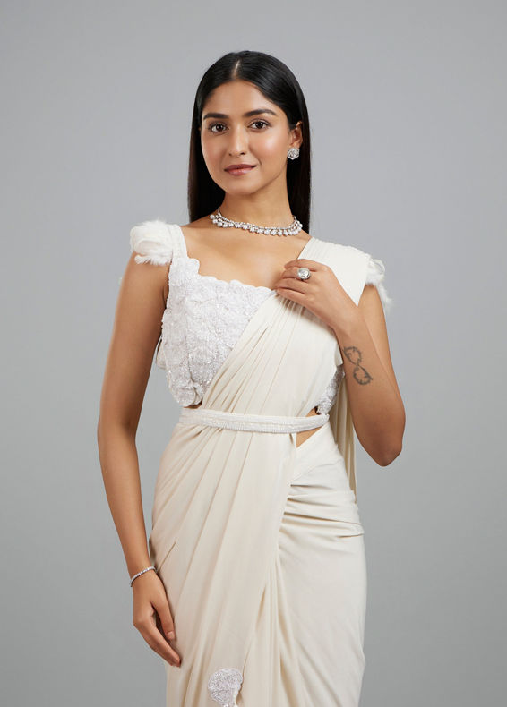 Mohey Women Exquisite Cream Pre Draped Saree