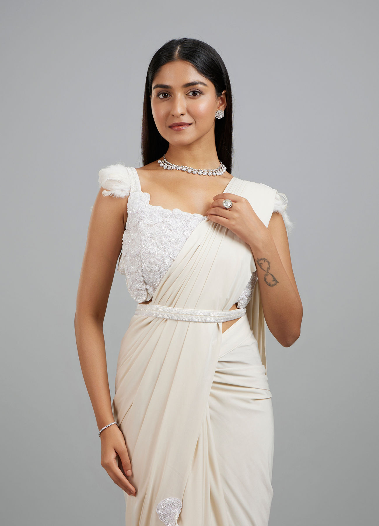 Mohey Women Exquisite Cream Pre Draped Saree
