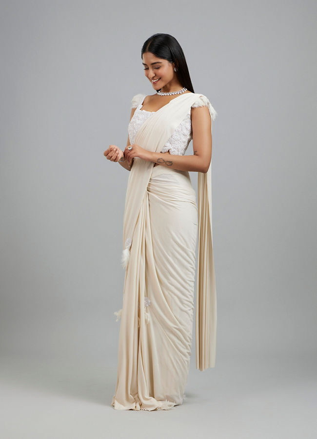 Mohey Women Exquisite Cream Pre Draped Saree
