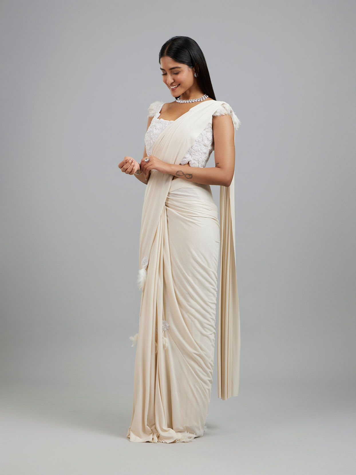 Mohey Women Exquisite Cream Pre Draped Saree
