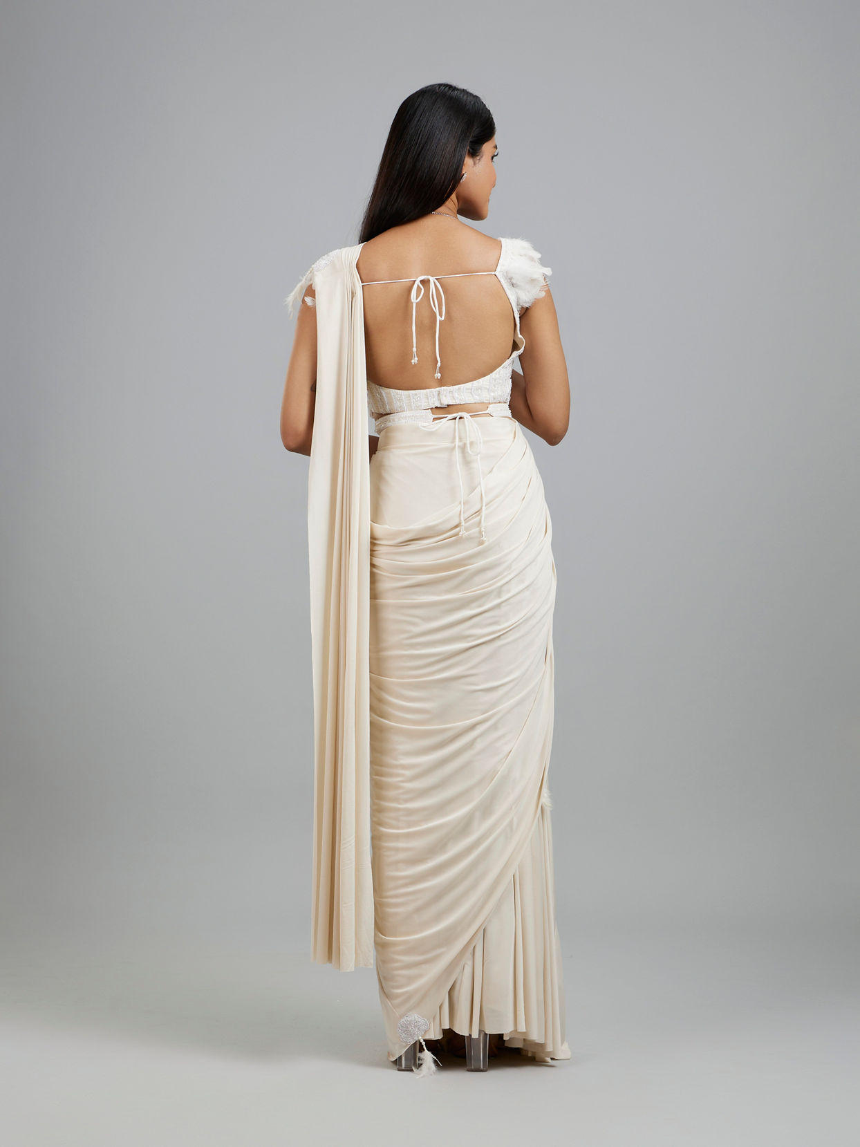 Mohey Women Exquisite Cream Pre Draped Saree