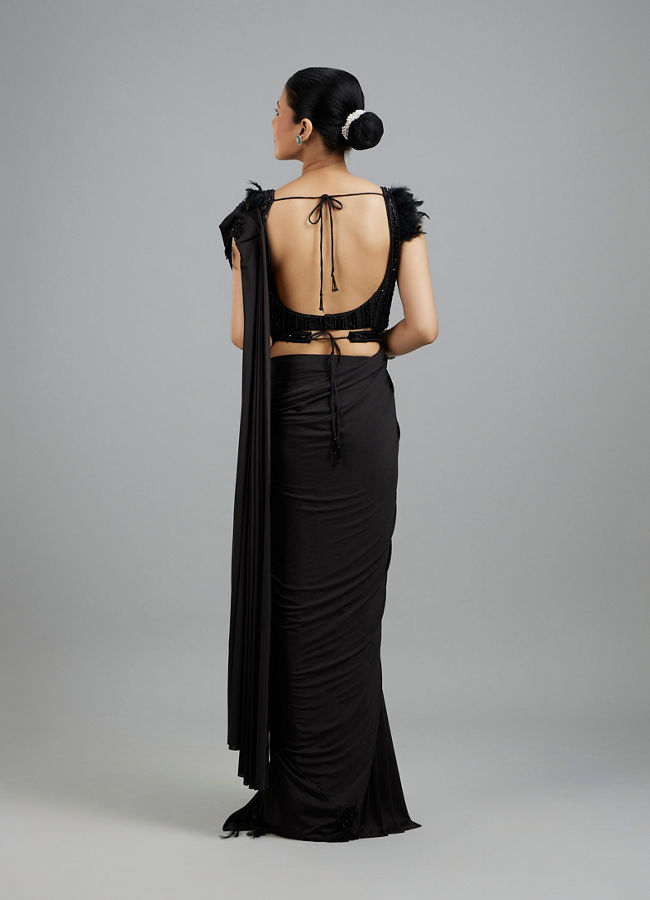 Mohey Women Glamorous Black Draped Saree Ensemble