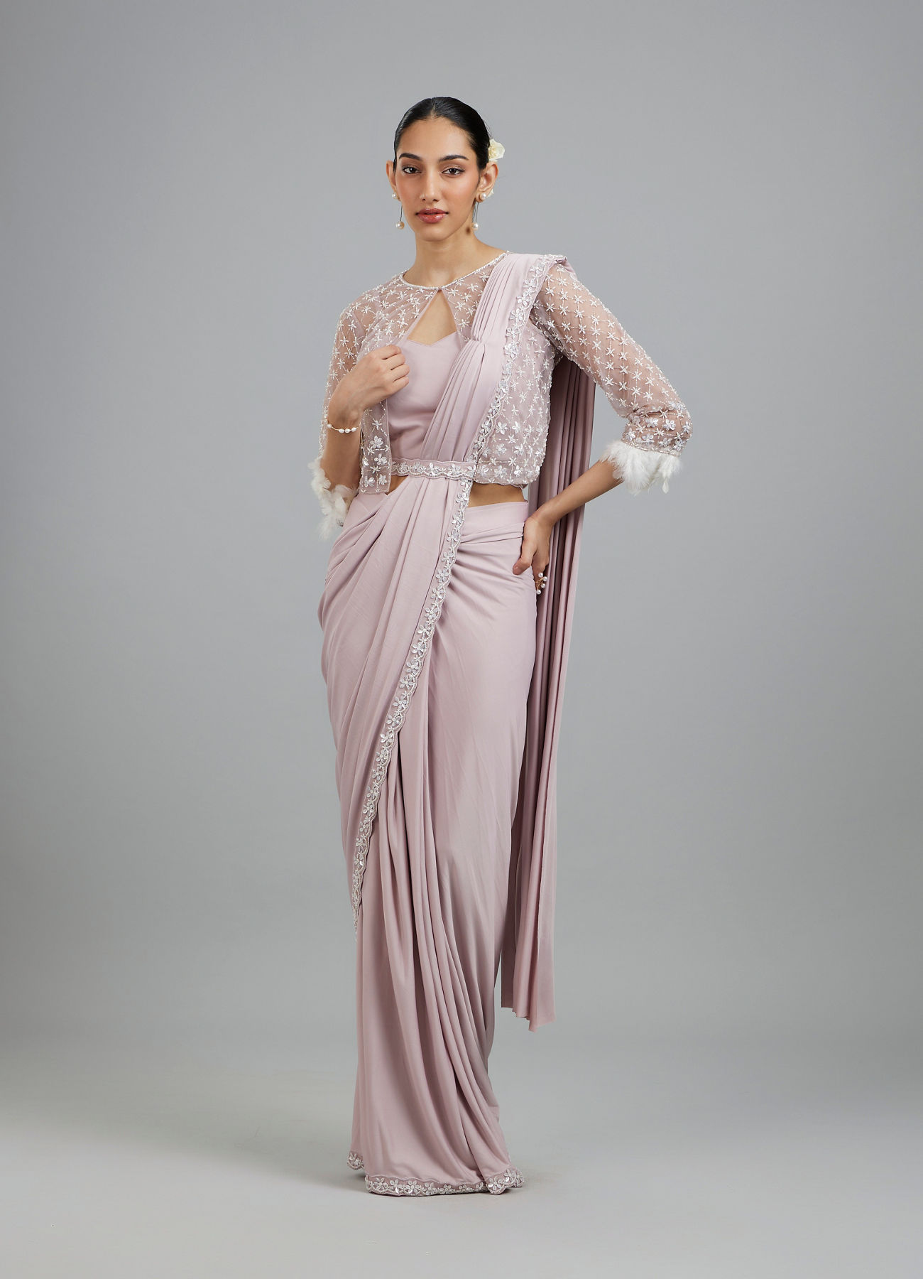 Mohey Women Purple Elegance Pre Draped Saree