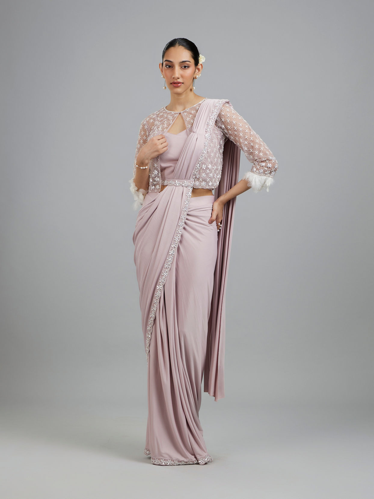 Mohey Women Purple Elegance Pre Draped Saree