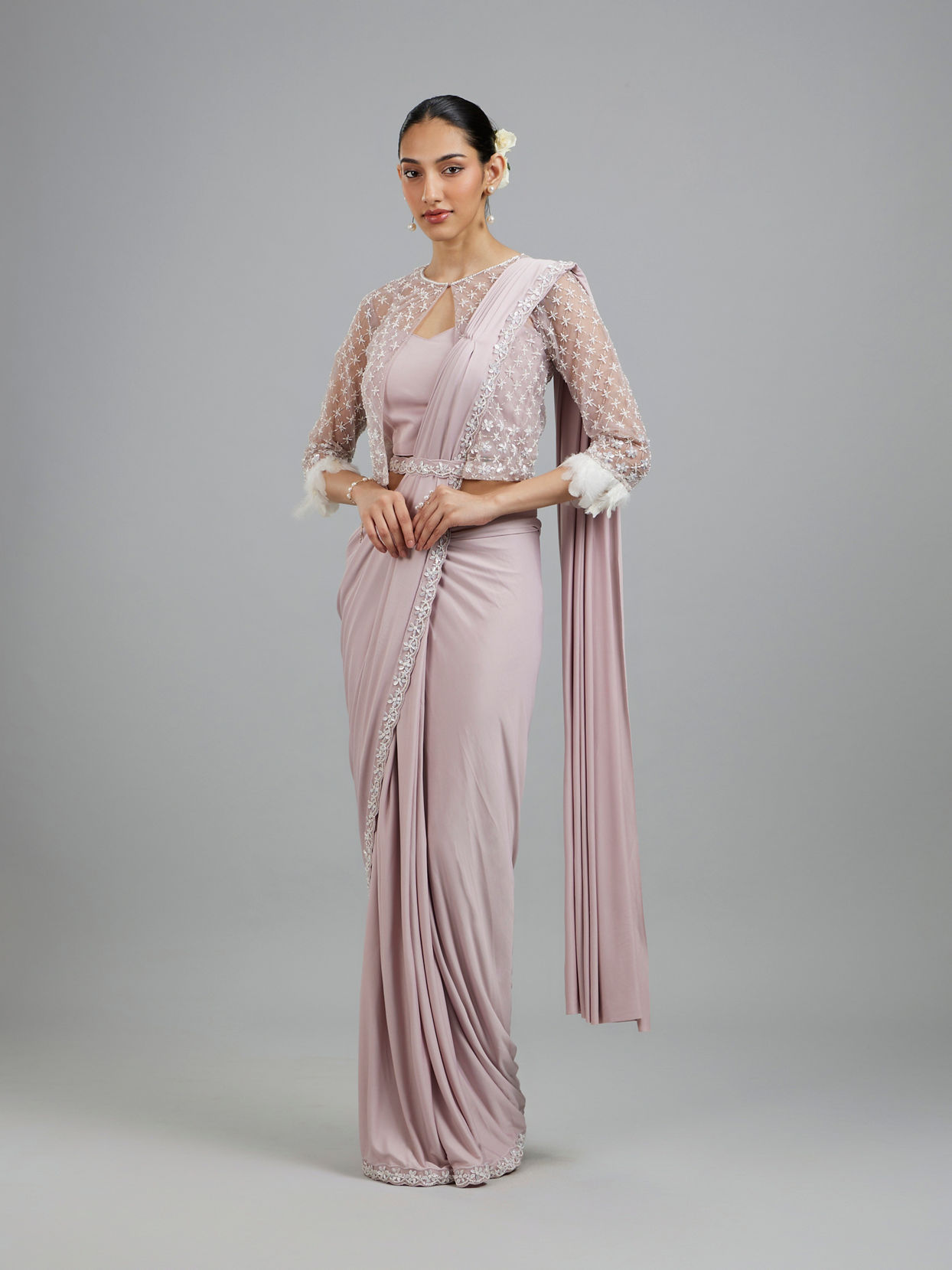 Mohey Women Purple Elegance Pre Draped Saree