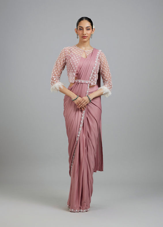 Mohey Women Enchanting Dusty Pink Elegance Pre Draped Saree