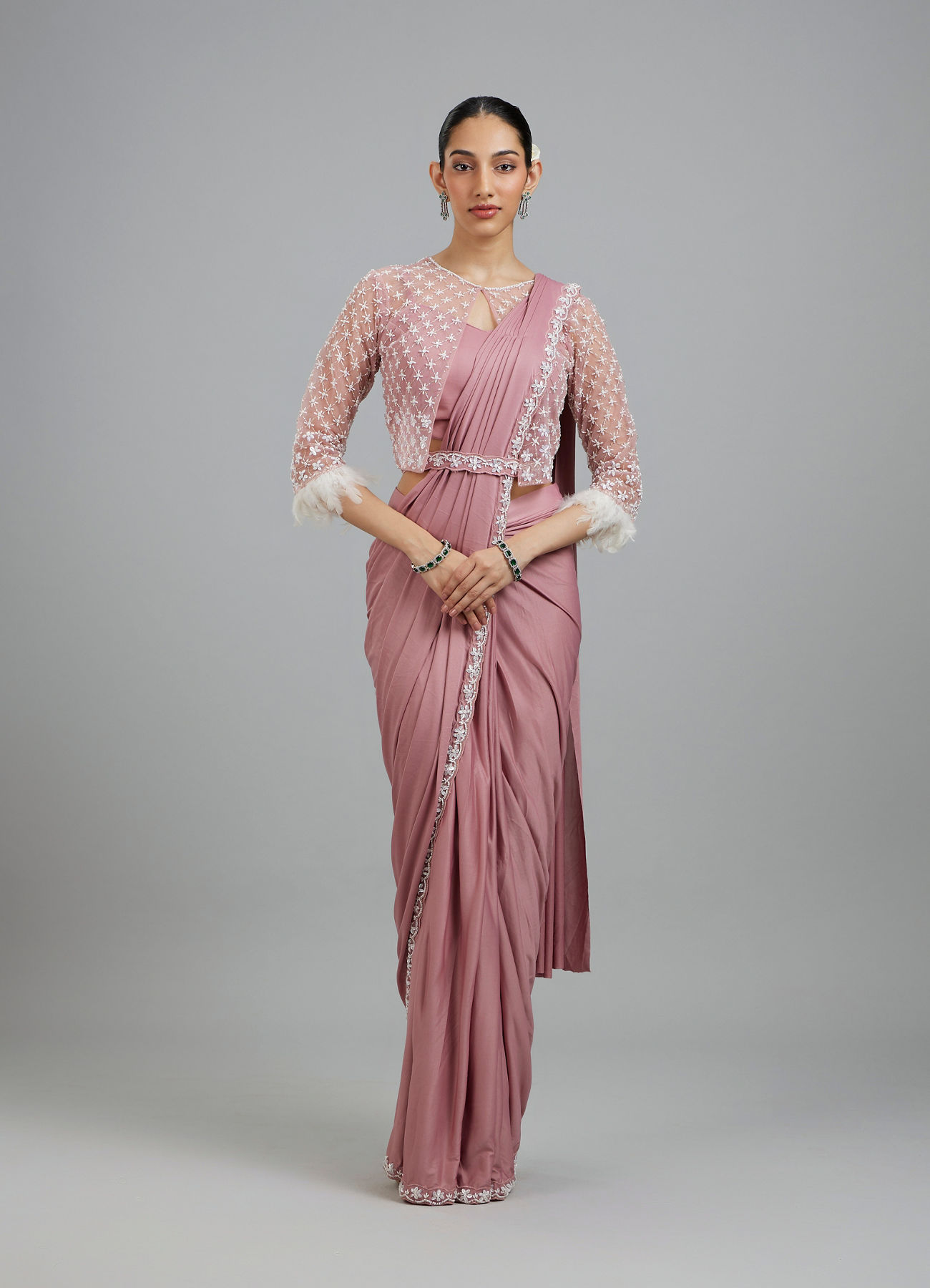 Mohey Women Enchanting Dusty Pink Elegance Pre Draped Saree