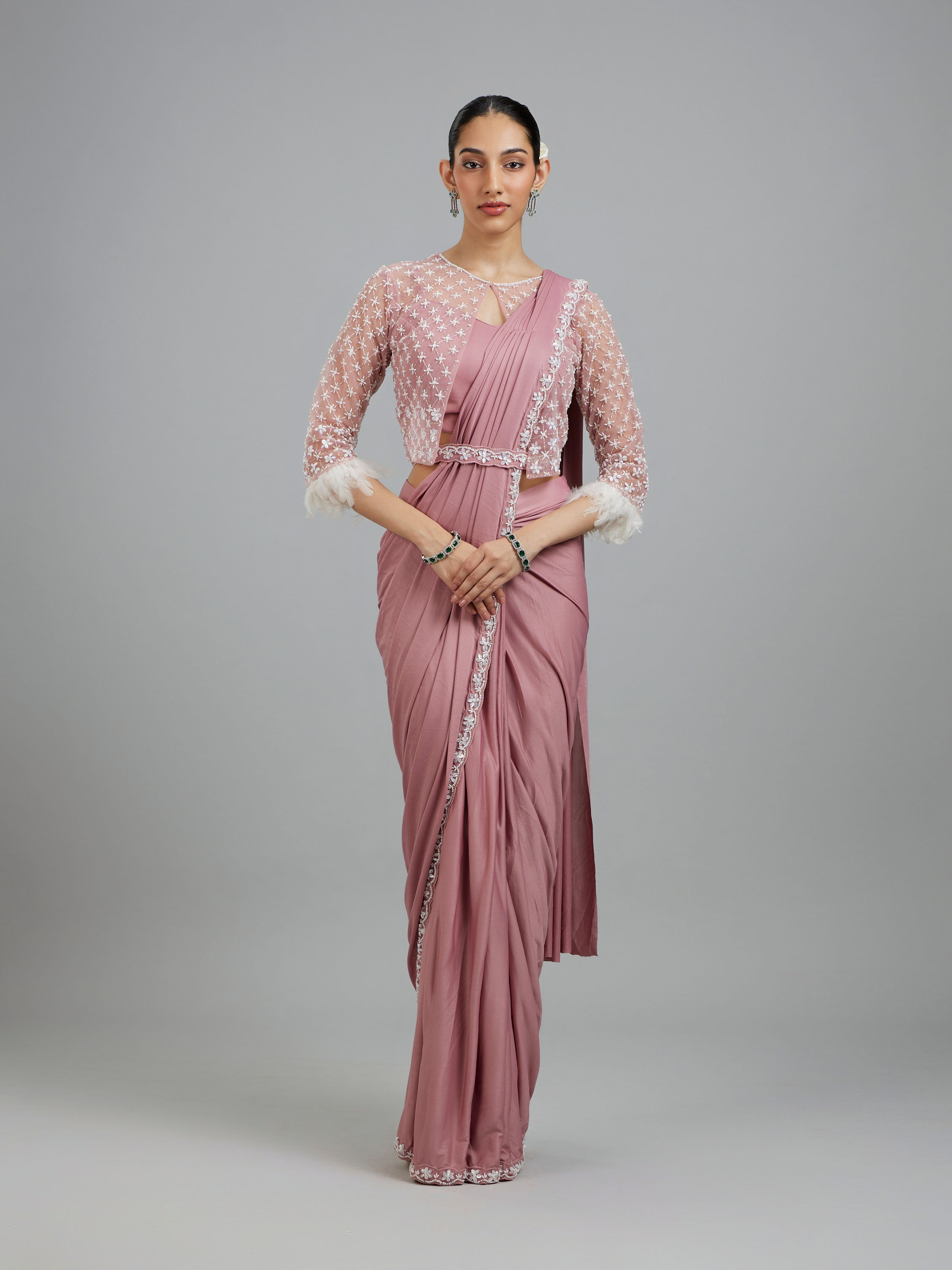 Mohey Women Enchanting Dusty Pink Elegance Pre Draped Saree