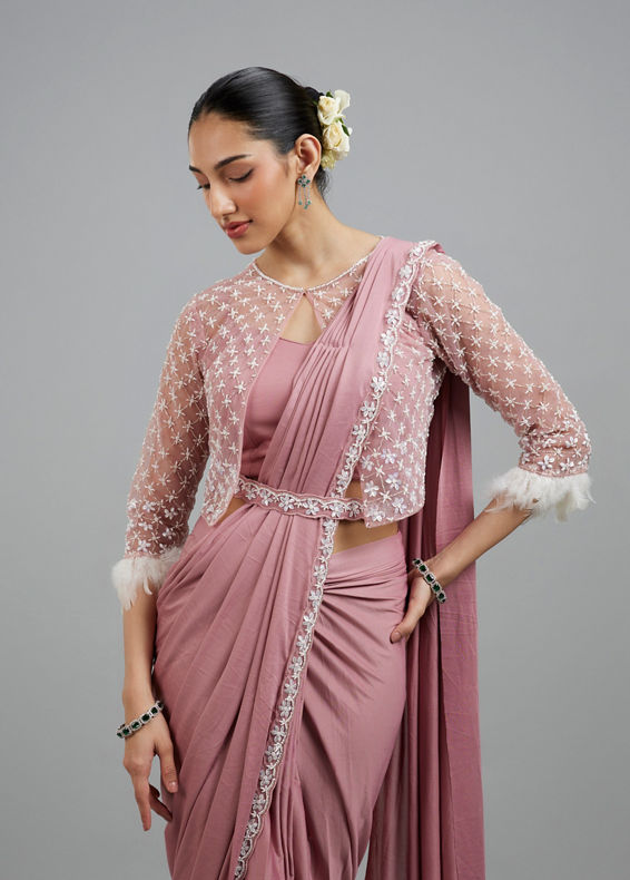 Mohey Women Enchanting Dusty Pink Elegance Pre Draped Saree