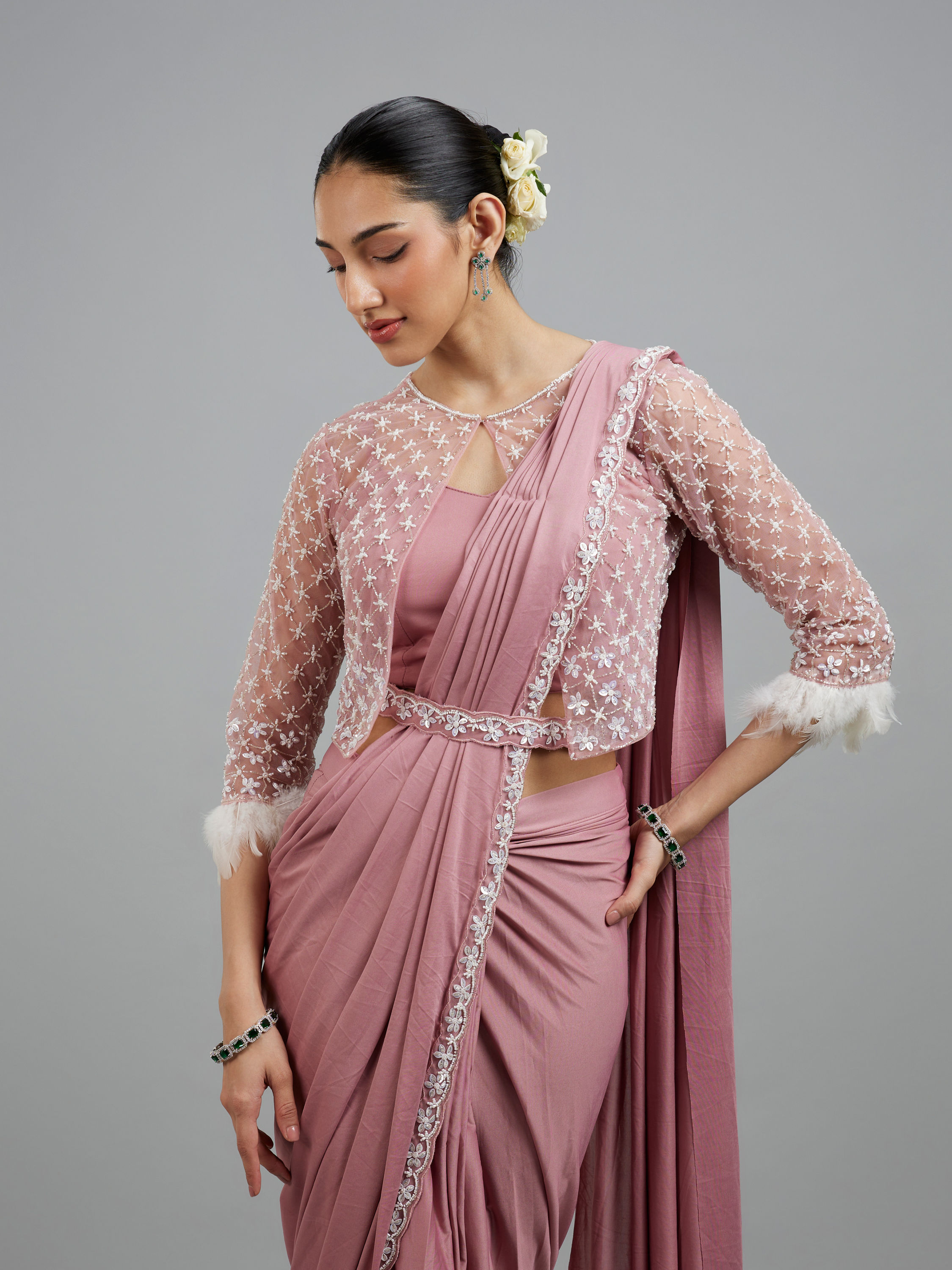 Mohey Women Enchanting Dusty Pink Elegance Pre Draped Saree