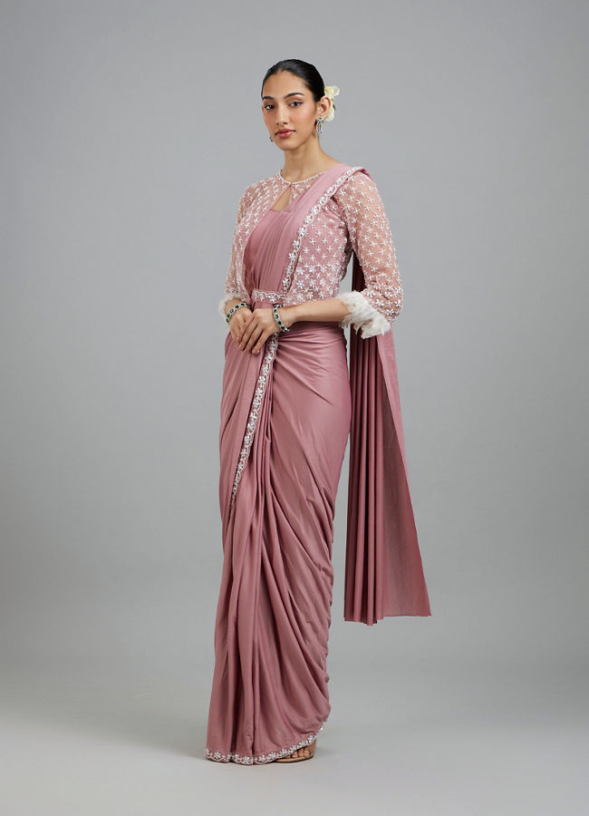 Mohey Women Enchanting Dusty Pink Elegance Pre Draped Saree