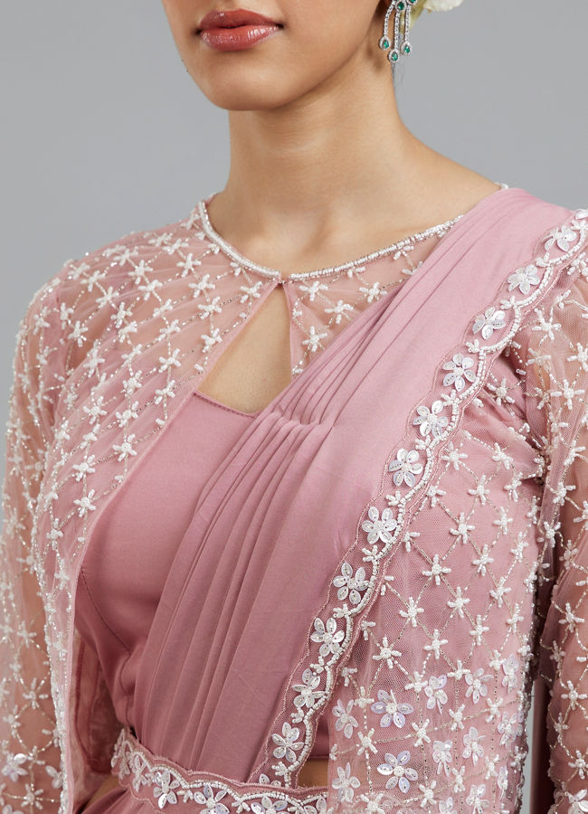 Mohey Women Enchanting Dusty Pink Elegance Pre Draped Saree
