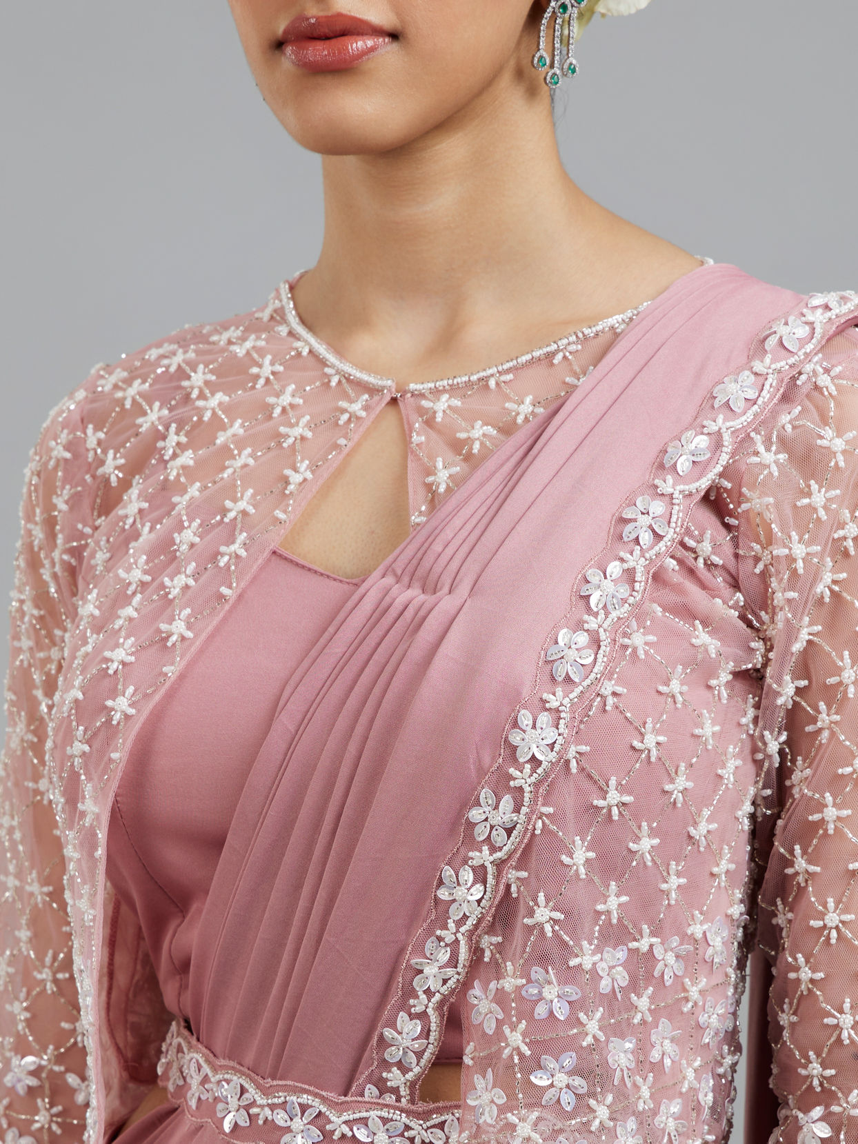 Mohey Women Enchanting Dusty Pink Elegance Pre Draped Saree