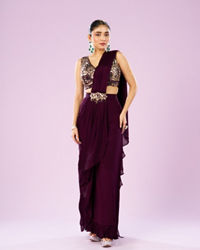 Mohey Women Wine Colored Chinon Drape Saree