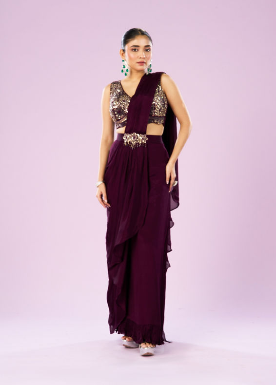 Mohey Women Wine Colored Chinon Drape Saree