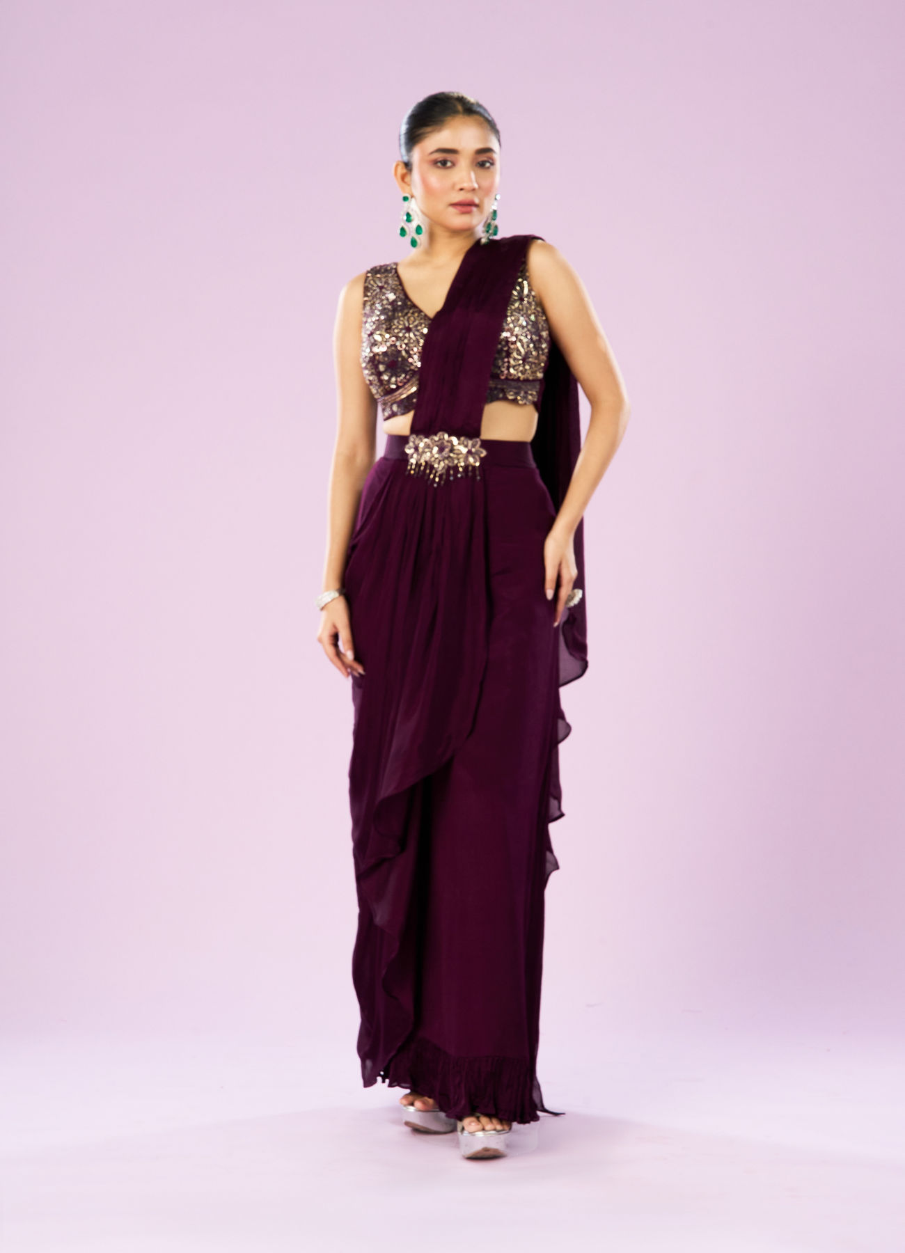 Mohey Women Wine Colored Chinon Drape Saree