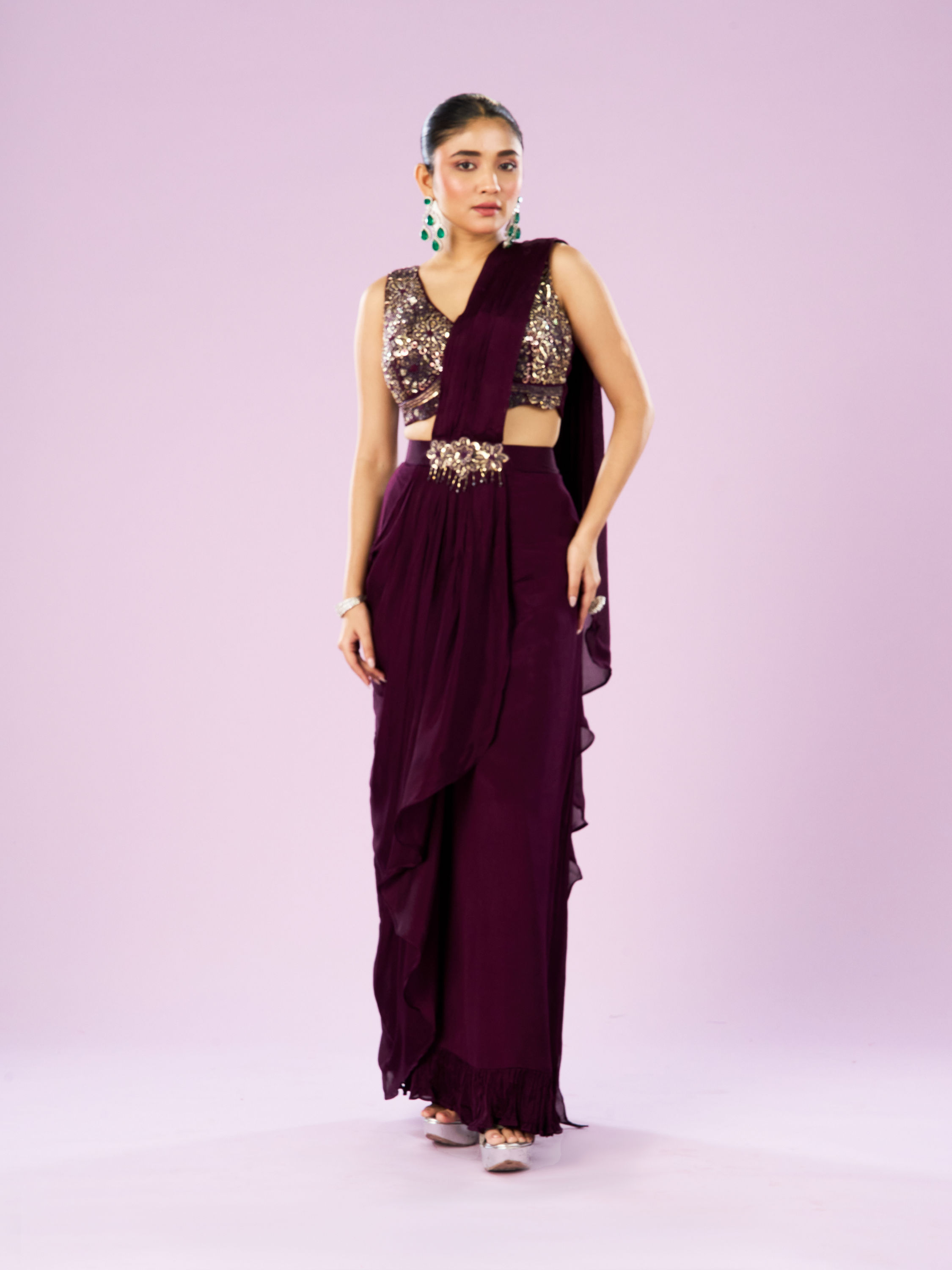 Mohey Women Wine Colored Chinon Drape Saree