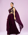 Mohey Women Wine Colored Chinon Drape Saree