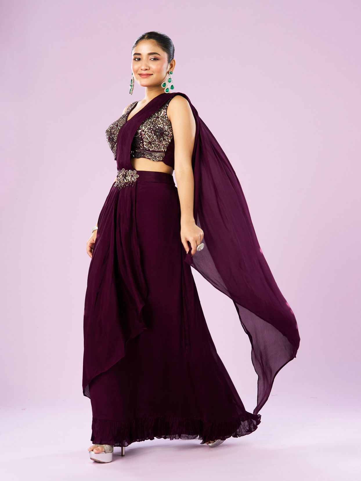 Mohey Women Wine Colored Chinon Drape Saree