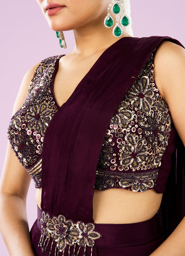 Mohey Women Wine Colored Chinon Drape Saree