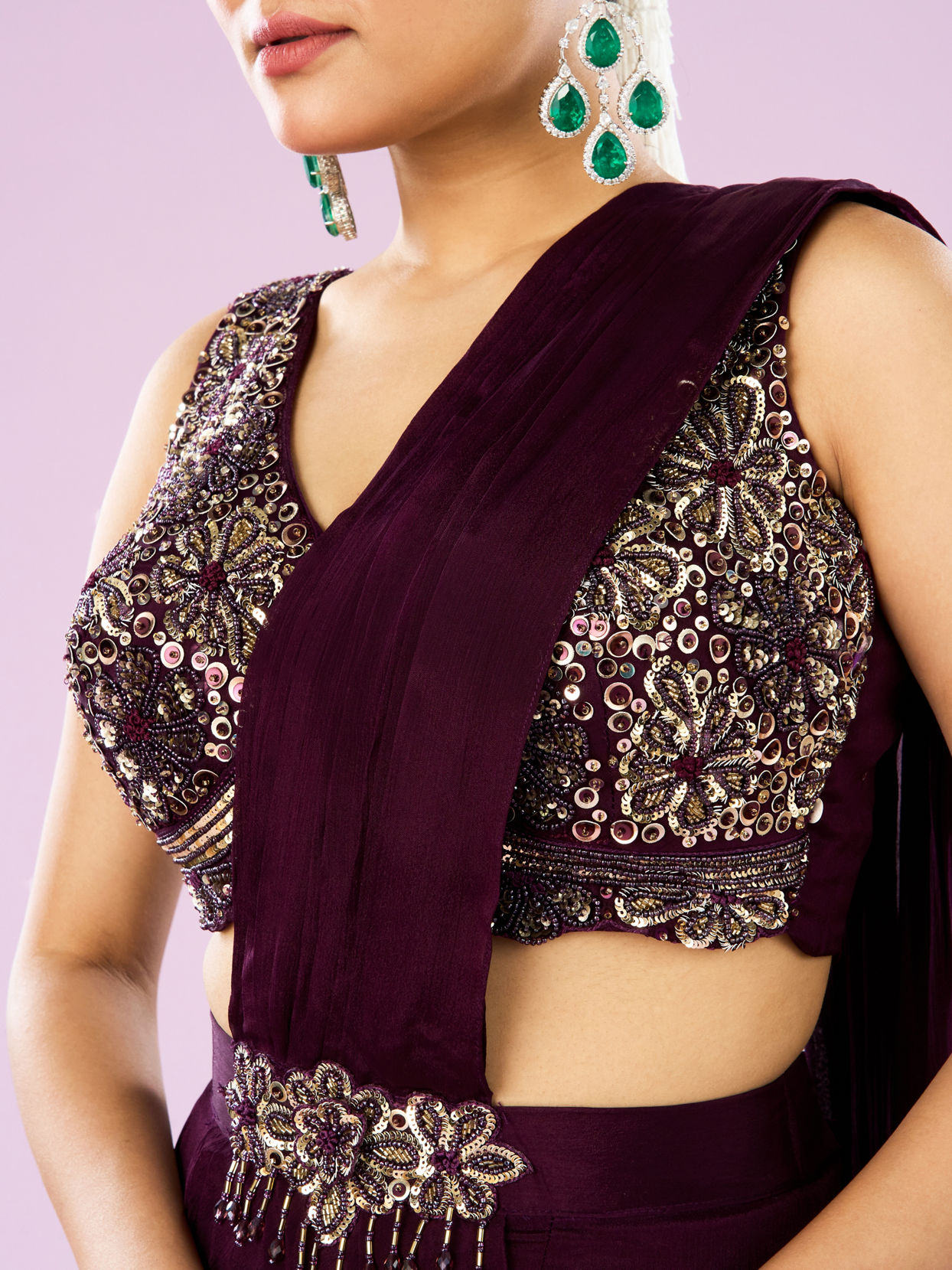 Mohey Women Wine Colored Chinon Drape Saree