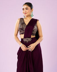 Mohey Women Wine Colored Chinon Drape Saree