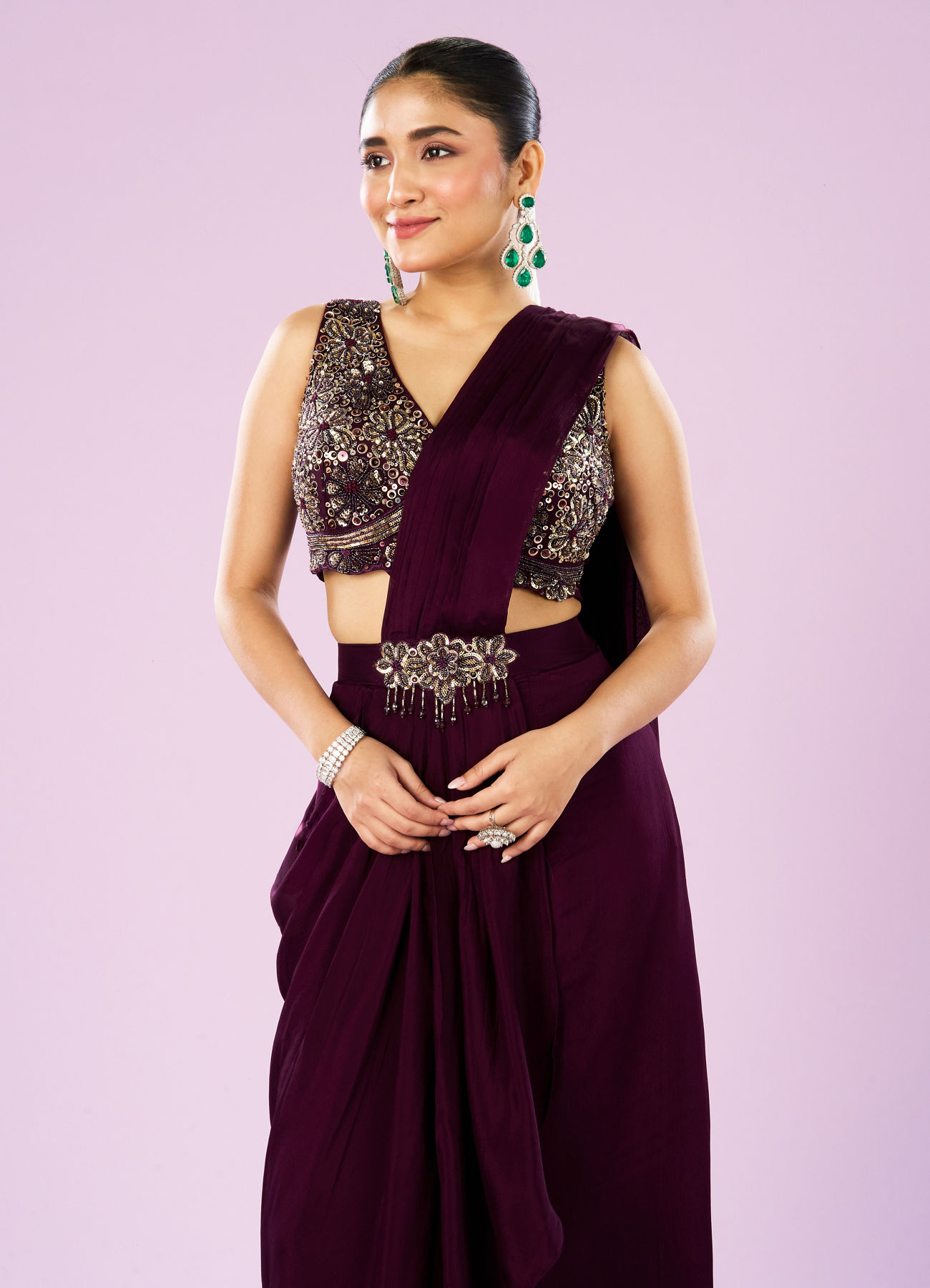 Mohey Women Wine Colored Chinon Drape Saree