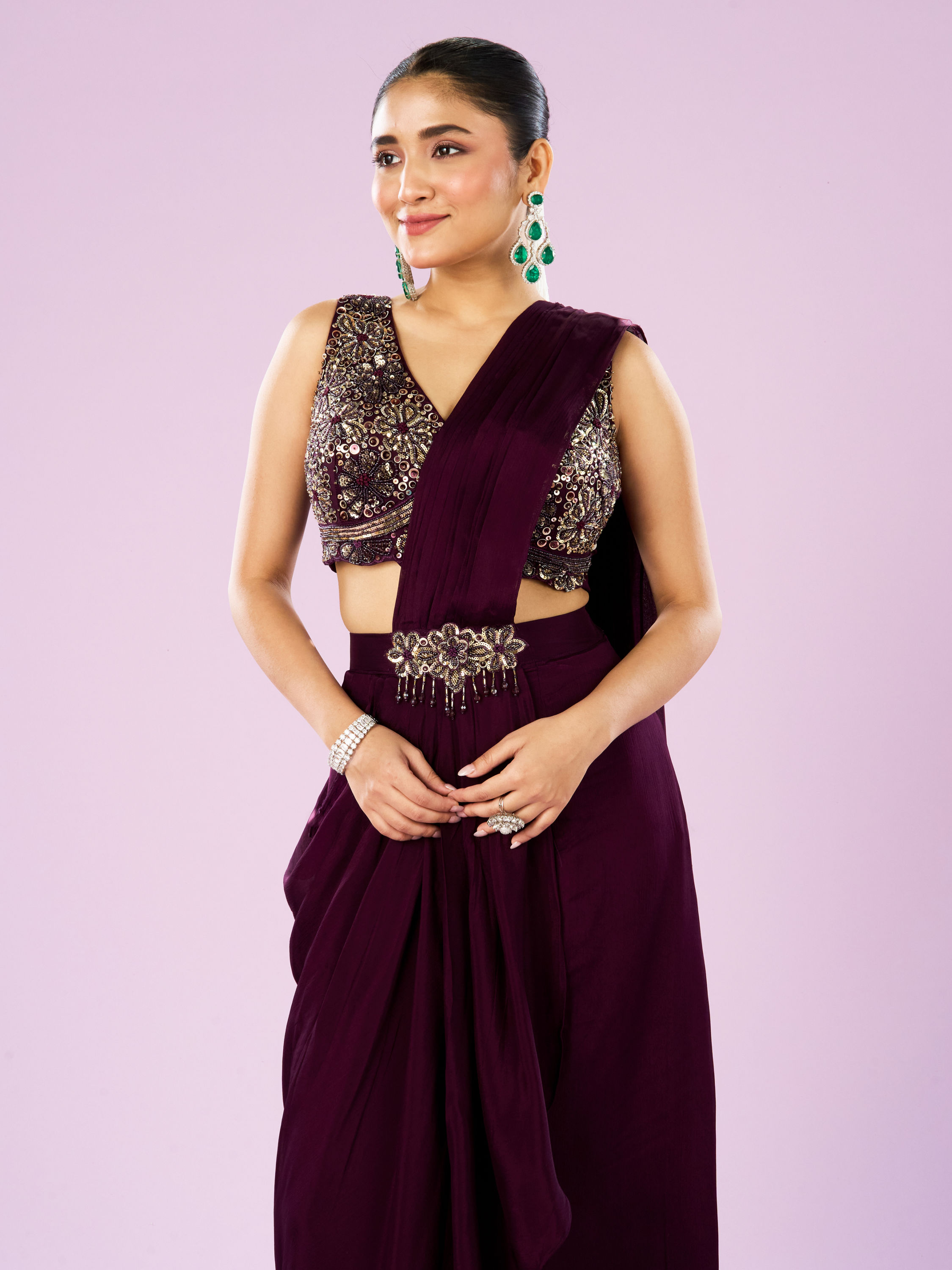 Mohey Women Wine Colored Chinon Drape Saree